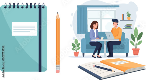 Two people work together at a table with a laptop, surrounded by study materials