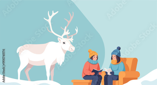 Two girls in winter clothes read books next to a reindeer in the snow
