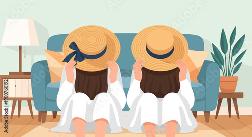 Two girls in straw hats sit on floor in living room with blue couch