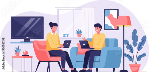 Two people working on laptops while sitting in comfortable chairs indoors