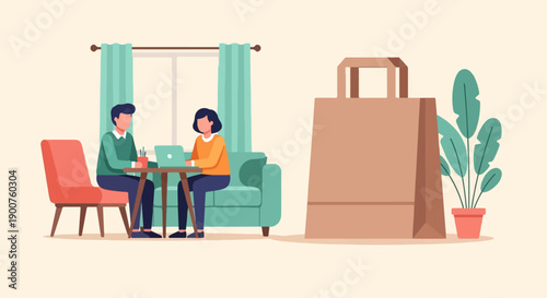 Two people work on laptops by a window, near a large shopping bag