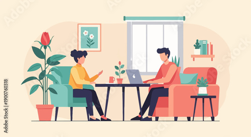 Two people working and talking in a cozy home office with plants