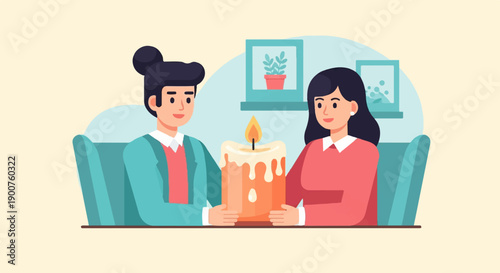 Two people hold a large lit candle between them, seated in chairs