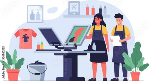 Two people working at a printing press with a t-shirt and plants