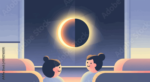 Two people watch a striking solar eclipse from inside a room