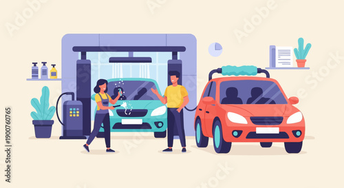 Two people wash cars at a clean auto care service bay