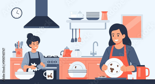 Two people washing dishes in a clean, modern kitchen with orange accents and appliances