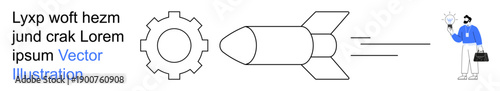 Engineering, innovation, brainstorming, technology, creativity, startup development. Gear, rocket and person with lightbulb . Innovation and engineering concepts