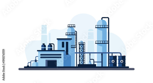 Oil Refinery Industrial Plant Flat Vector Petrol Fuel Industy Illustration
