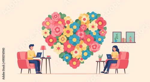 Two people working remotely at home surrounded by colorful flowers arranged in a heart