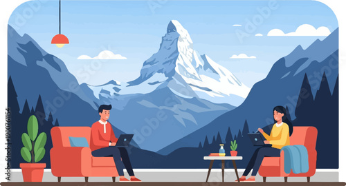 Two people work on laptops from home with a scenic mountain view