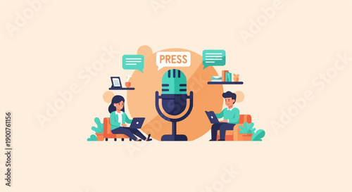 Two people using laptops near a microphone, conveying news or discussion