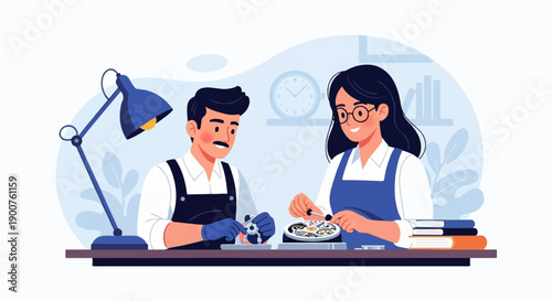 Two people working on intricate mechanical devices at a workbench