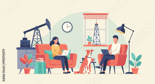 Two people working remotely at home with a dog and industrial imagery