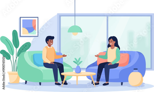 Two diverse individuals converse while seated in modern living room furniture