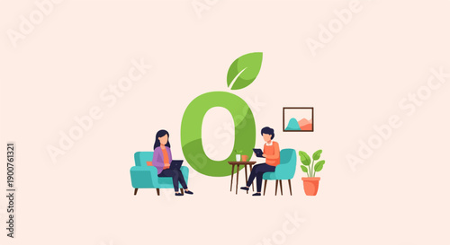 Two people work on laptops in a clean, modern office space with a large green apple logo