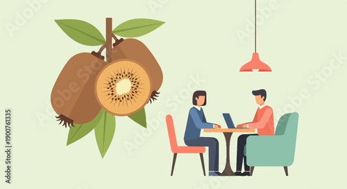 Two people working on laptops at a cafe with kiwi fruit on the side