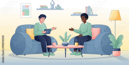 Two people in a living room, discussing something while holding a laptop