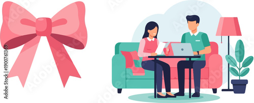 Two people working on laptops at a table in a living room with a pink bow