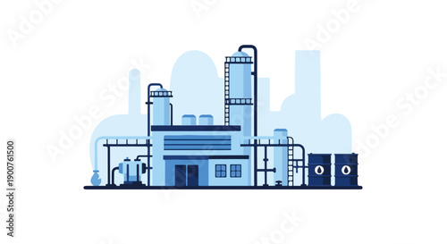 Oil Refinery Industrial Plant Distillation Tower Flat Vector Illustration