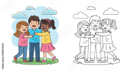 Happy diverse children hugging and smiling together, three best friends embracing in a group, cute cartoon vector illustration of friendship and unity with blue sky background.