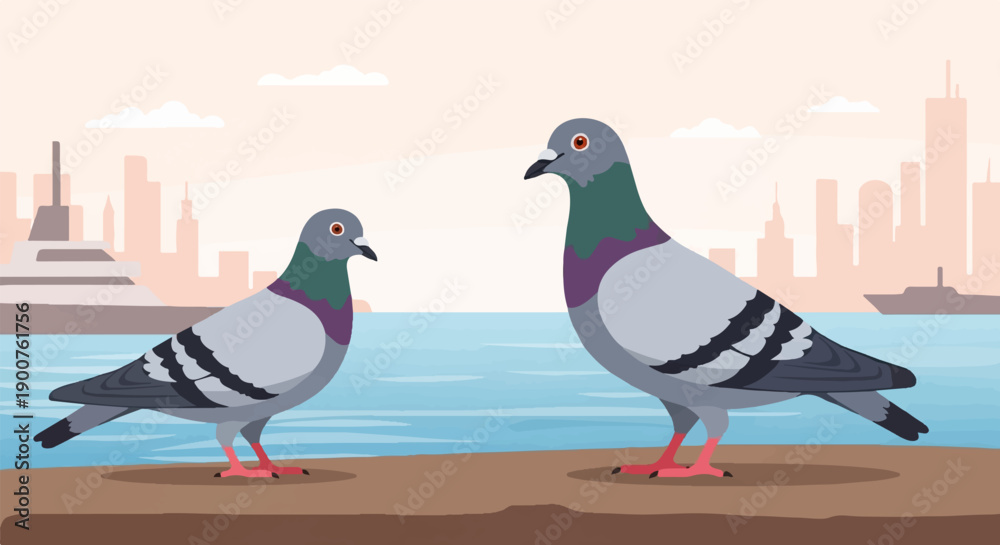 Obraz premium Two pigeons stand on a ledge overlooking a calm blue bay with a city skyline backdrop