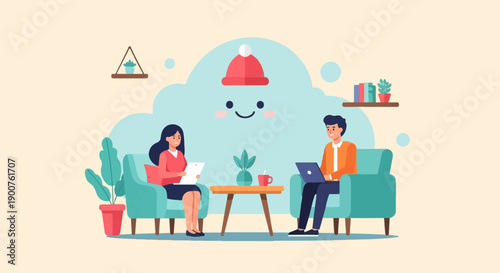 Two people working remotely, seated in comfortable chairs with laptops