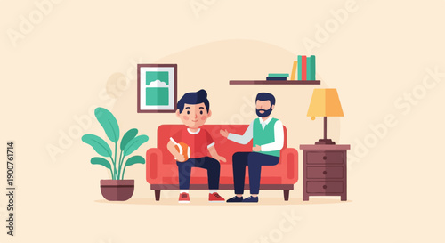 Two people talking while sitting on a couch with a plant and lamp