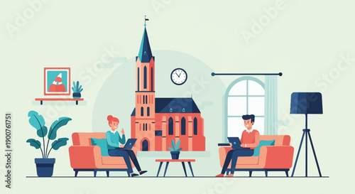 Two people working on laptops at home with a church and clock in background