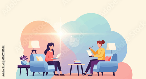 Two people working on laptops at home, with soft lighting and pastel clouds