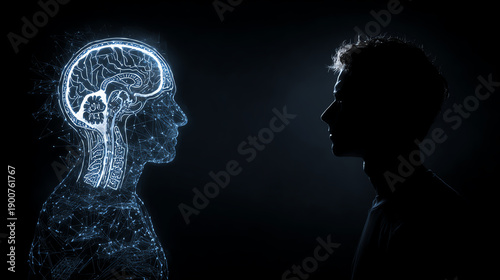 Wallpaper Mural A human silhouette stares at a digital brain representation, symbolizing the intersection of humanity and technology. Torontodigital.ca