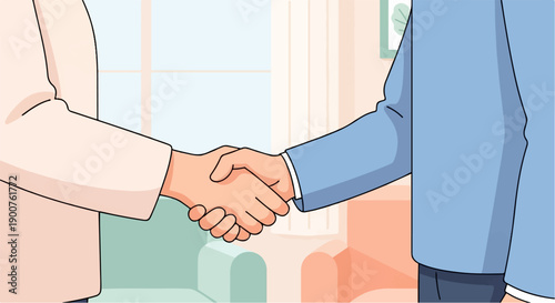 Two people shaking hands in a room with furniture and a window