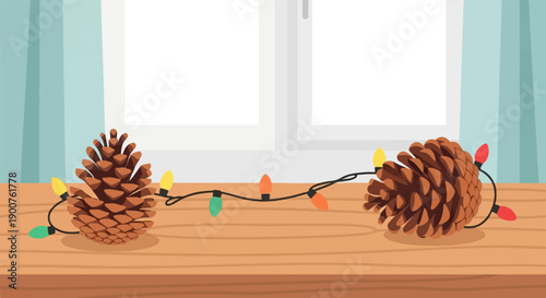 Two pinecones with colorful string lights rest on a wooden surface