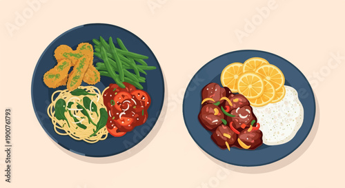 Two plates of food, one with nuggets, pasta, green beans, and sauce, the other with meatballs, rice, and lemon