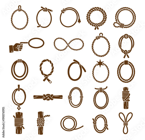 Rope knots and marine loops set, sailor rope knot icons sketch, nautical climbing rope vector art, heavy duty cord and loop doodle, industrial rope knot collection set, marine rope ties and loops illu