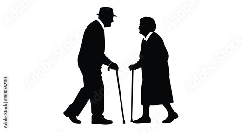 Silhouette of an elderly couple walking with canes facing each other