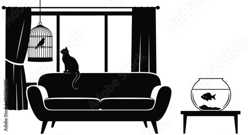A minimalist black and white illustration of a living room scene
