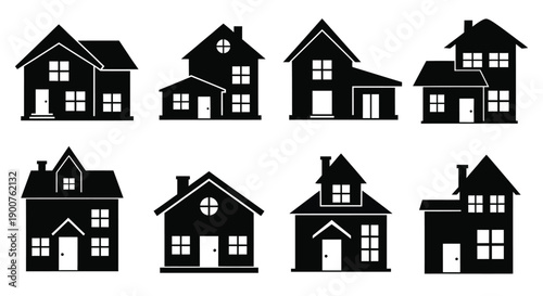 Collection of simplistic black house silhouettes on a white background
