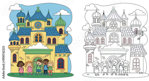 Happy diverse children visiting a colorful synagogue or castle, cute kids standing in front of a building with a Star of David, religious education vector illustration.