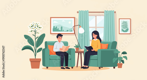 Two people relaxing on chairs, reading books in a cozy room