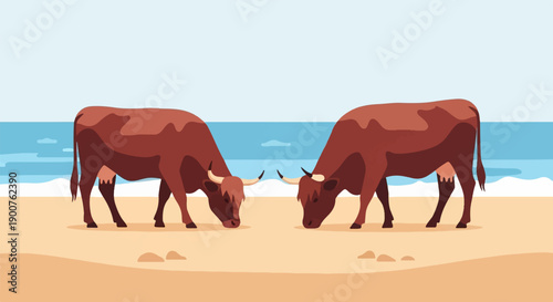 Two cows grazing on a sandy beach with ocean waves and sky