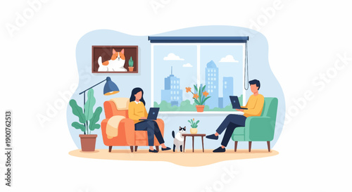 Two people work on laptops in a cozy room with a city view and pets