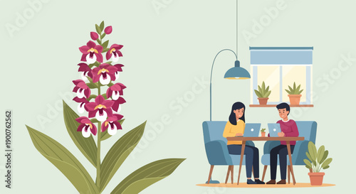 Two people work on laptops in a cozy room with a flower