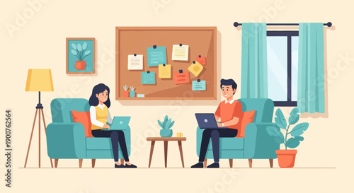 Two people working on laptops in a cozy home office environment