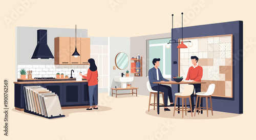 Two people in a modern, stylish home showroom, one in kitchen, one at table