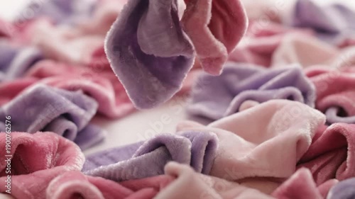 A delightful collection of soft, fluffy crushed velvet scrunchies in pastel pink, lavender, and rose, piled together invitingly.