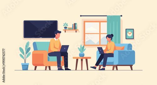 Two people working on laptops in a cozy living room (2)