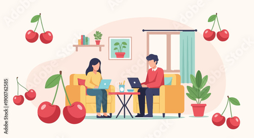 Two individuals are working on their laptops from home, surrounded by cherries