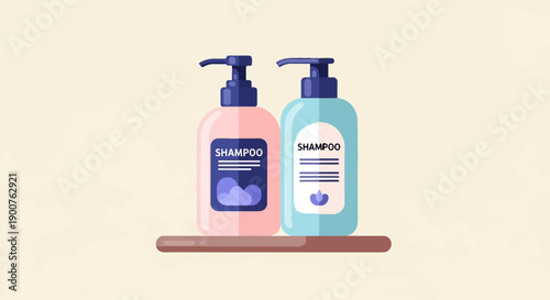 Two pump bottles, one pink and one aqua, labeled shampoo