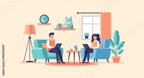 Two people working on laptops in a cozy living room with a dog statue